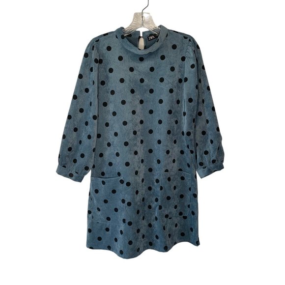 NWOT! ZARA Navy Blue + Black Polka Dot High-Neck Corduroy Mini Shift Dress - M - Picture 2 of 9